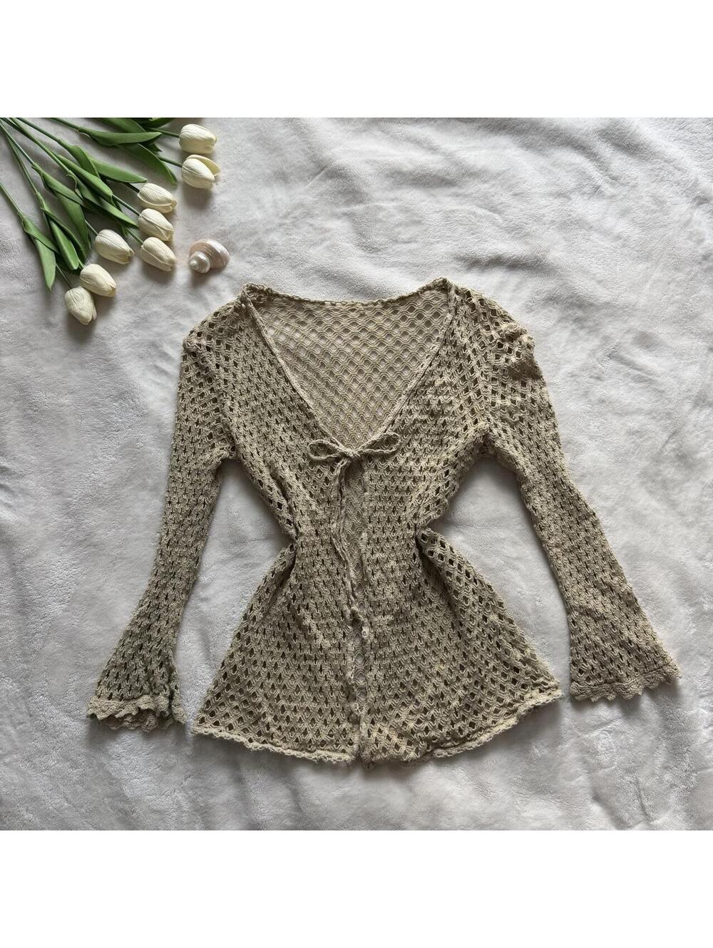 Y2K crochet long sleeve top with tie front detail and ruffle sleeves